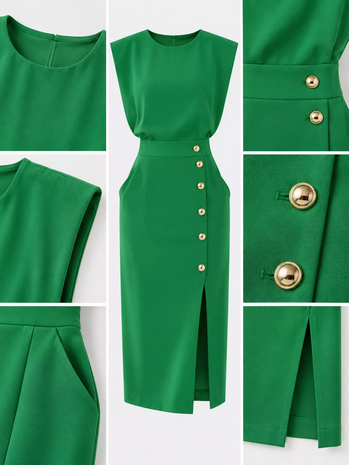 Green sleeveless midi dress detail: gold buttons and front slit