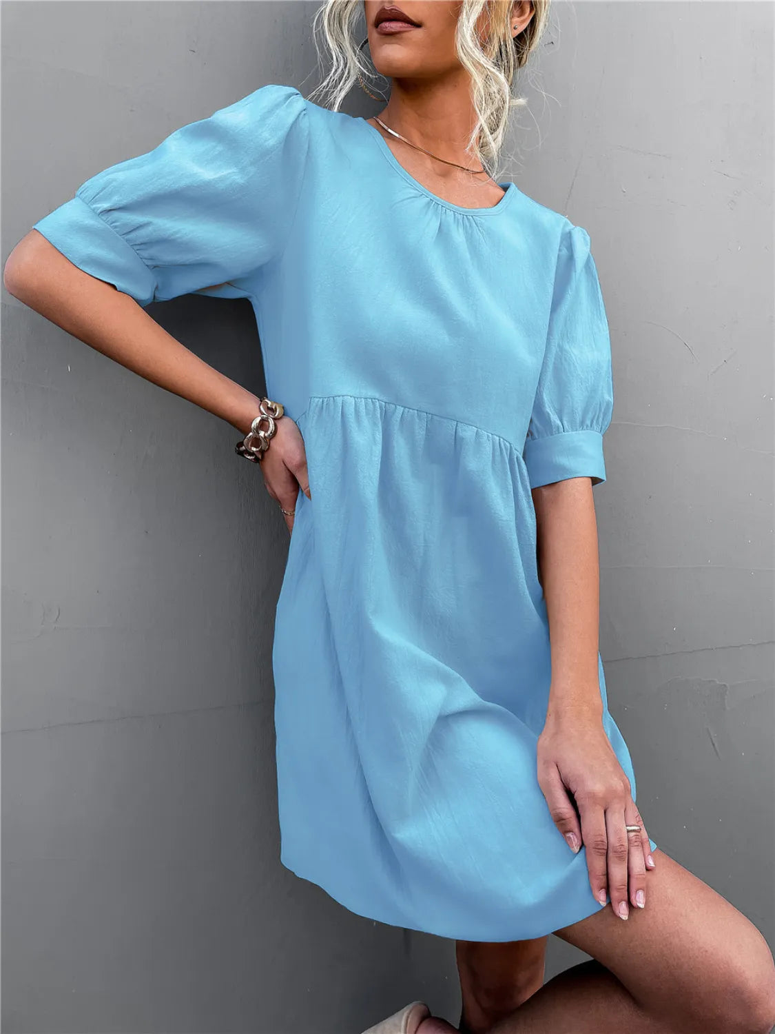 Round Neck Puff Sleeve Mini Dress in sky blue by Trendsi