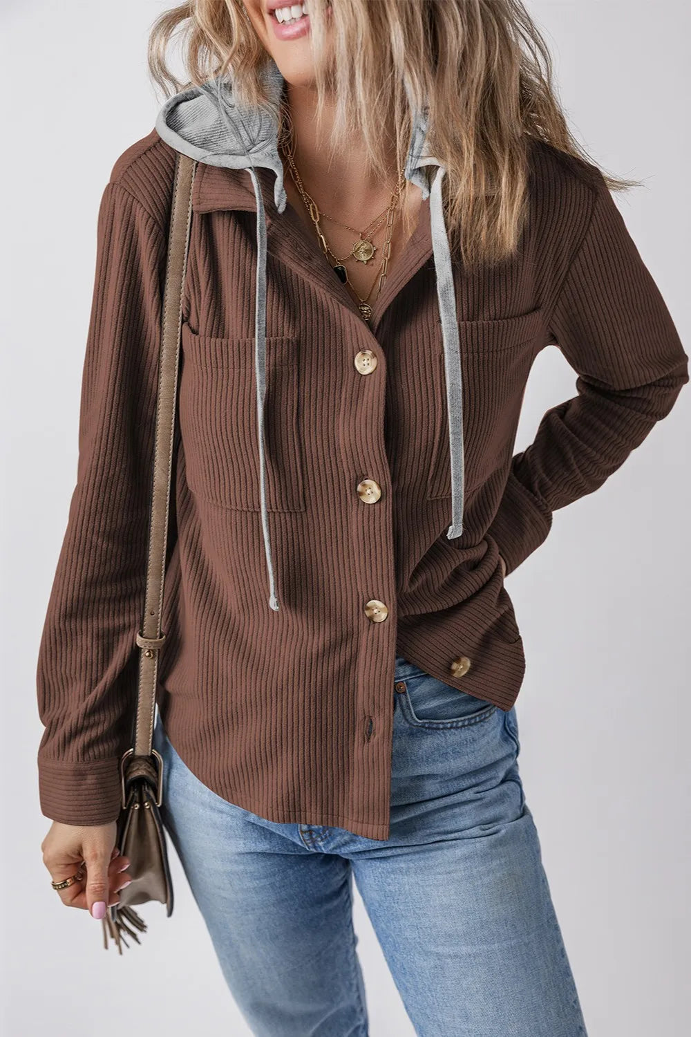 Mocha brown corduroy hooded button-up jacket with drawstring and long sleeves
