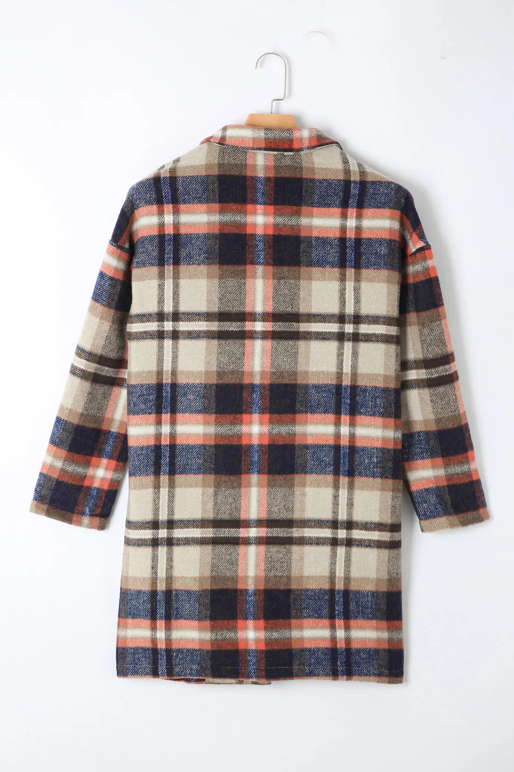 Plaid longline jacket back view, beige navy and orange plaid, button-down long sleeves