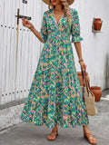 Cedar & Moore Printed V-Neck Flounce Sleeve Dress by Trendsi in green teal pink abstract print