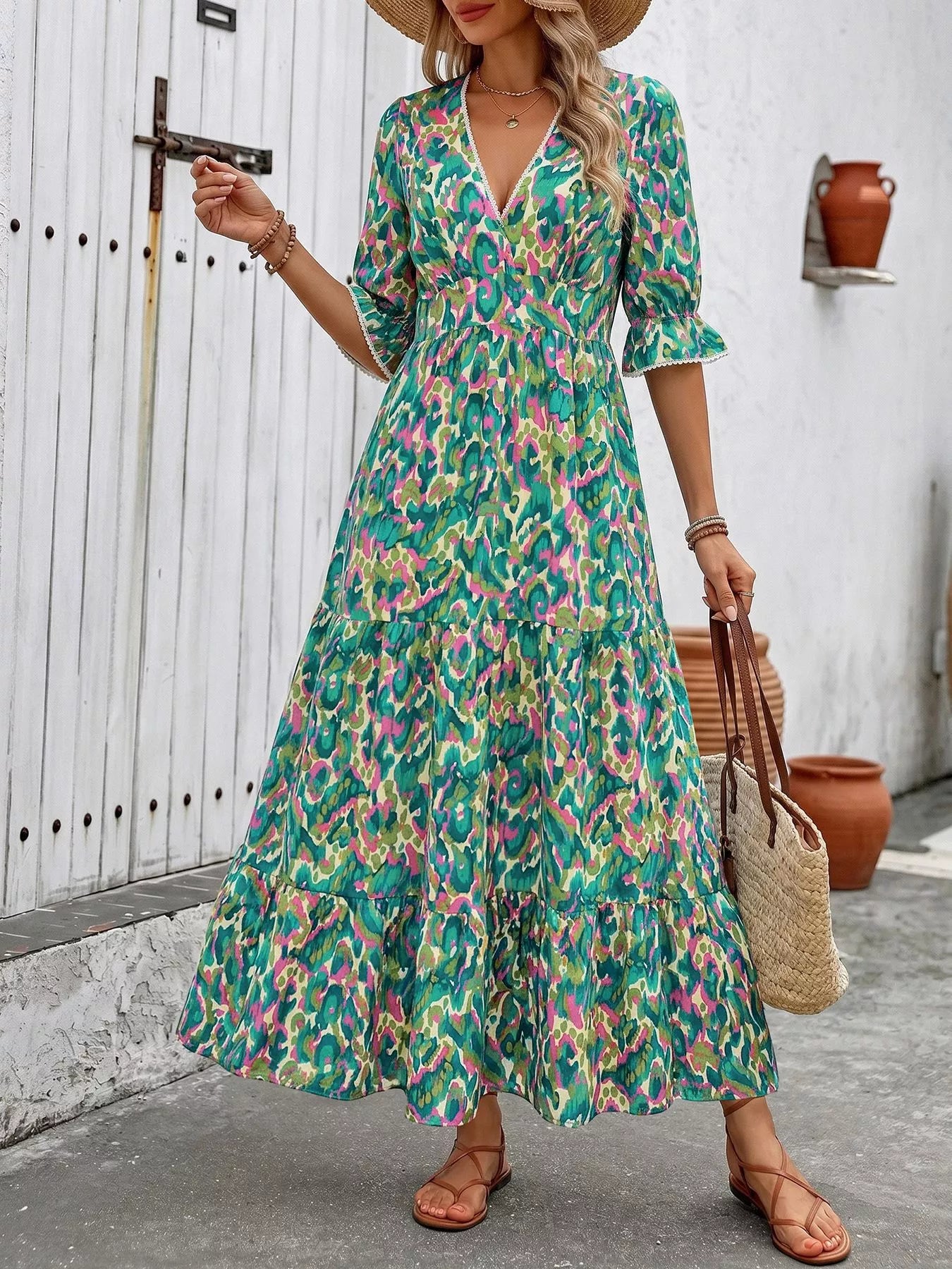 Cedar & Moore Printed V-Neck Flounce Sleeve Dress by Trendsi in green teal pink abstract print