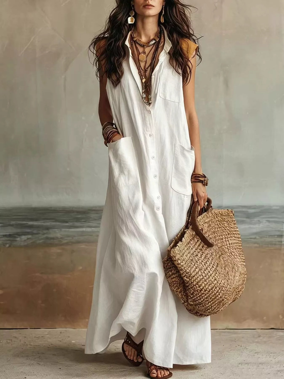 White sleeveless button-down linen maxi dress with front buttons and side pockets
