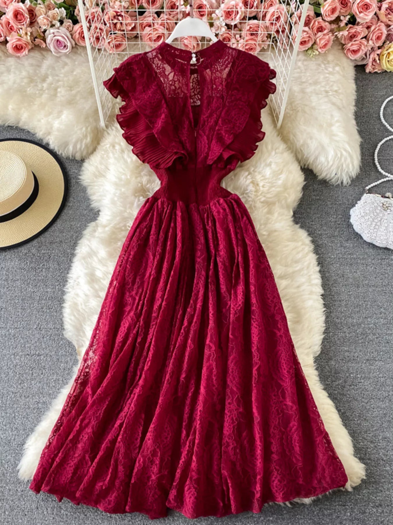 Cedar & Moore Ruffled Mock Neck Lace Maxi Dress by Trendsi in burgundy lace with a cutout