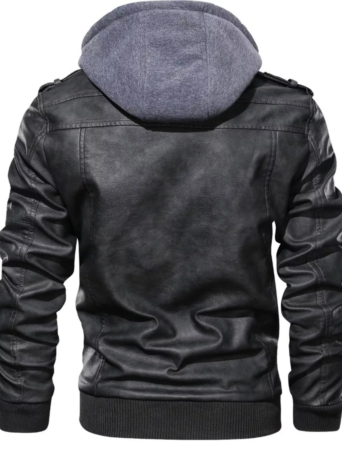 Men's hooded moto jacket in dark vegan leather, back view with large hood and ribbed hem
