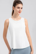 White active tank top with wide straps and round neckline, front view.