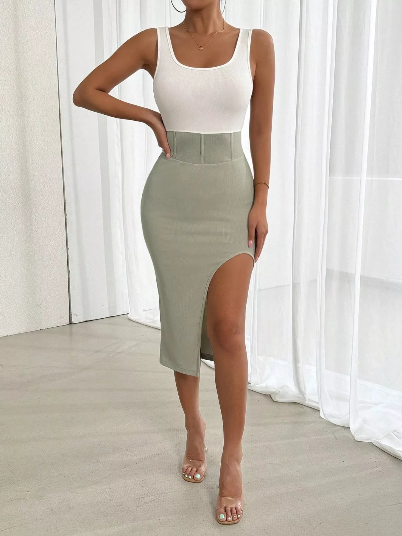 Two-tone tank midi dress, white top and sage pencil skirt with center front slit
