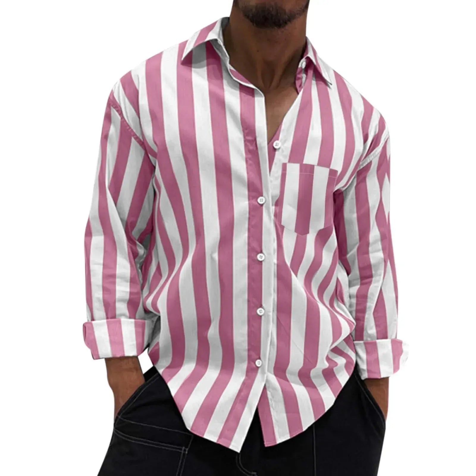 Pink-and-white striped button-down long-sleeve shirt, button front, collar