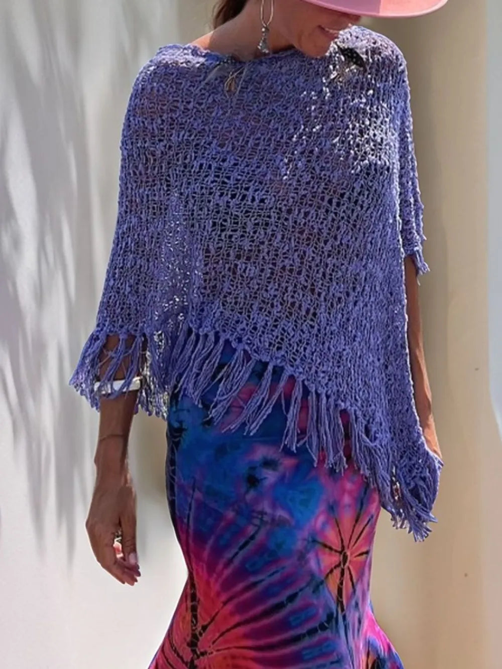 Purple open-knit shawl with boat neck and long fringe tassels