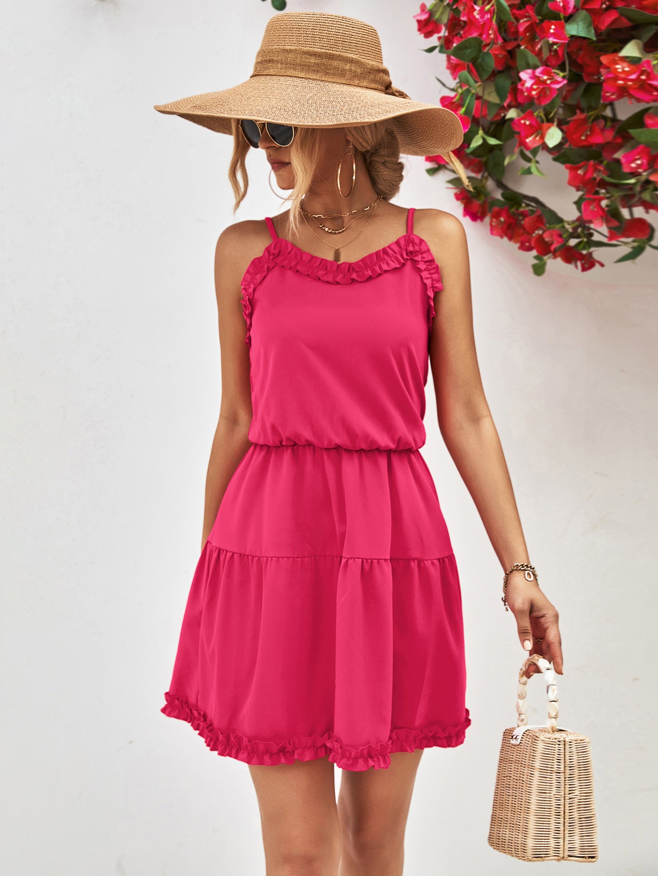 Hot pink frill-trim spaghetti strap mini dress with tiered skirt and ruffled neckline