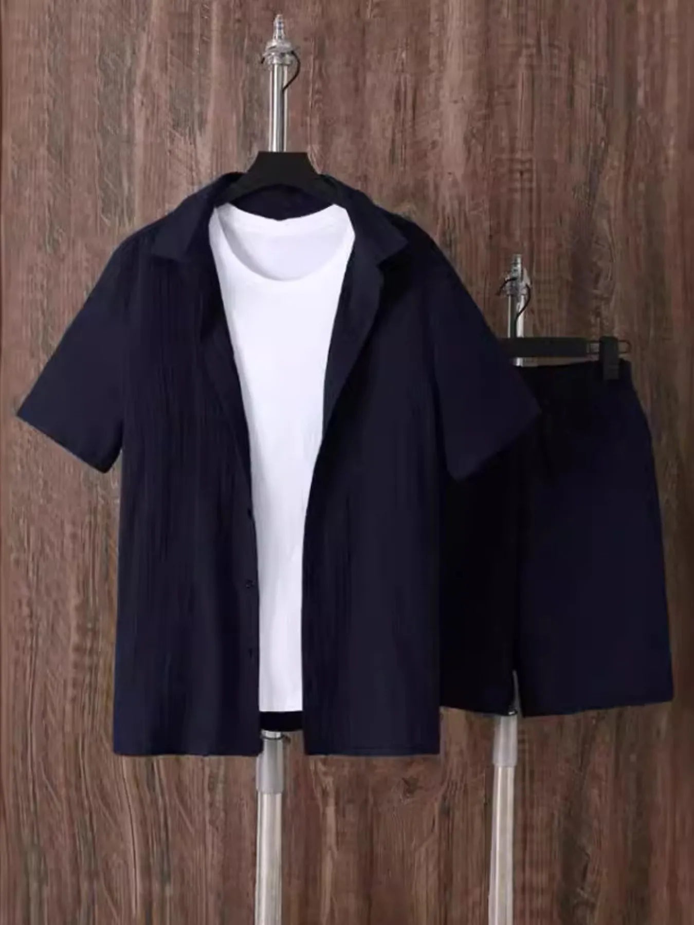 Men's plus size navy short sleeve button-up shirt and matching shorts set