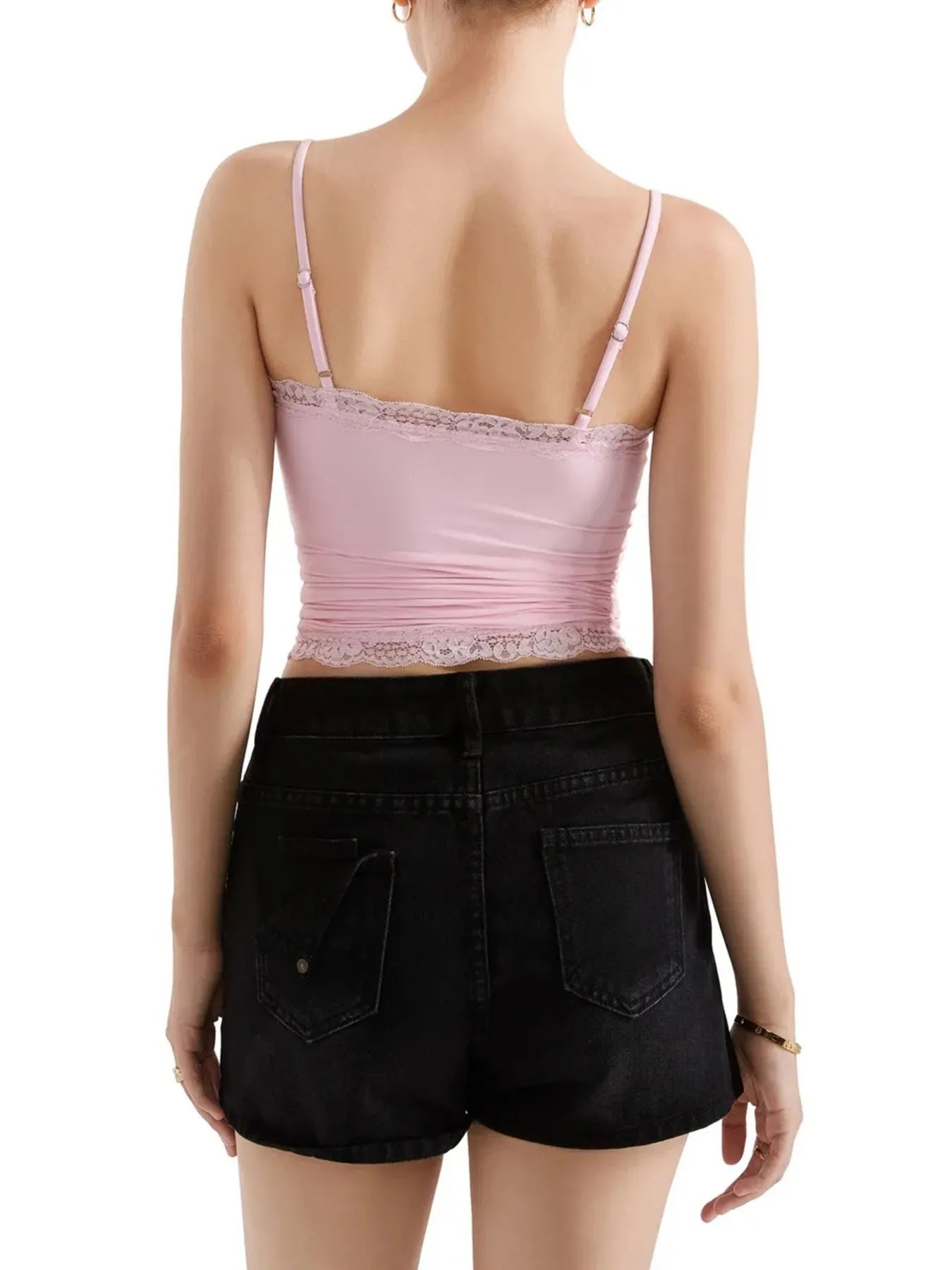 Pink lace-trim cami top showing back straps and ruched bodice