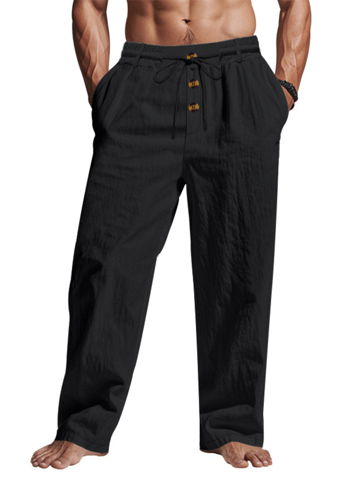 Lightweight men’s black drawstring pants, elastic waist and tapered cuffed hem