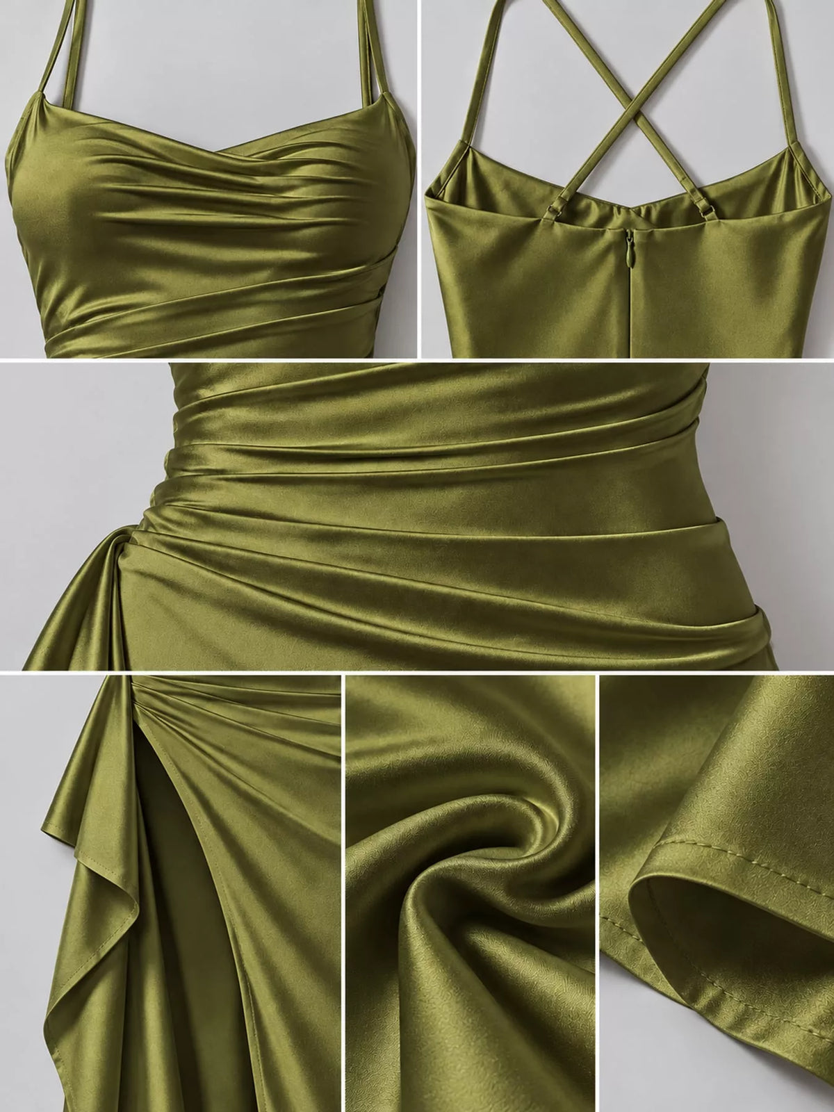 Ruched satin maxi dress with spaghetti straps and high side slit, olive green