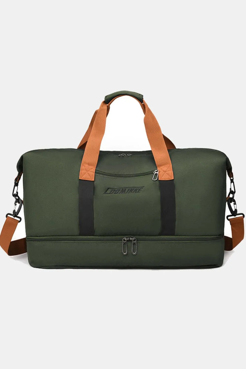Olive green waterproof duffel with brown handles, side straps, and front zip
