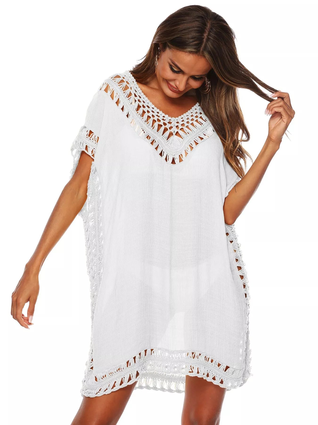 White V-neck crochet trim cover-up dress with loose fit and scalloped hem.