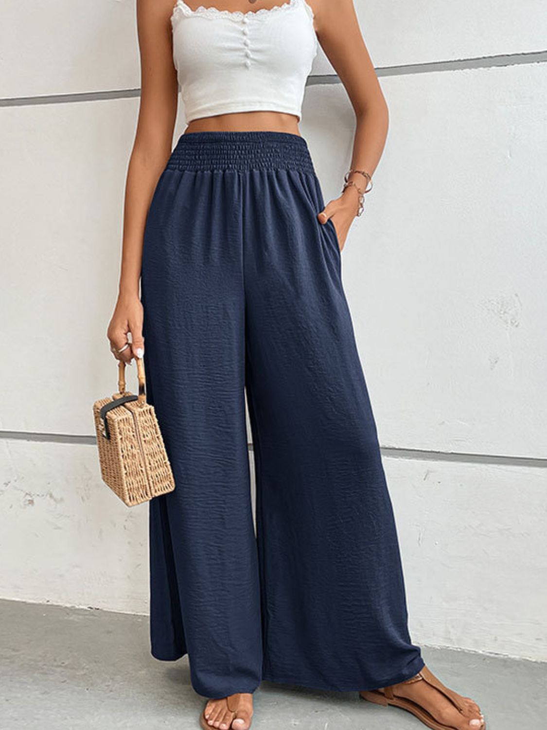 Navy wide-leg long pants with elastic waistband and relaxed fit