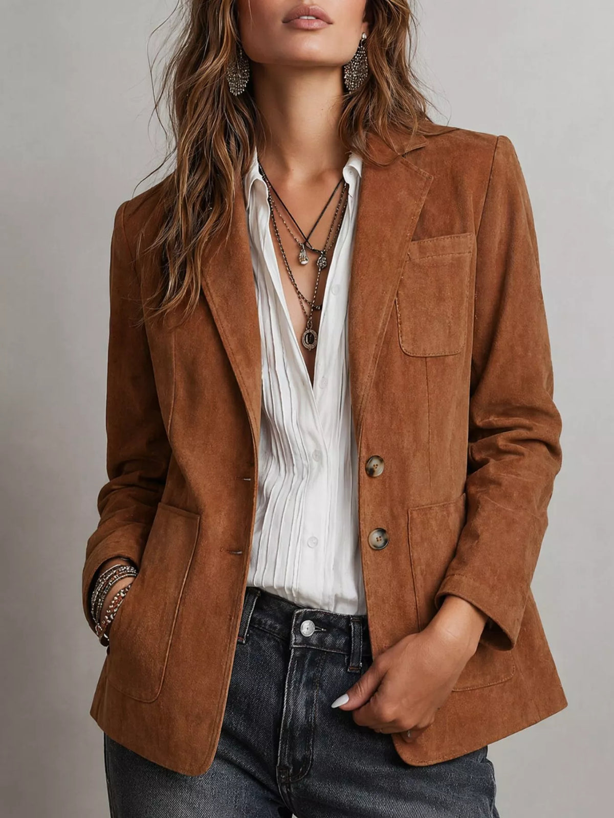 Brown suede single-breasted blazer with notched lapels and two-button front