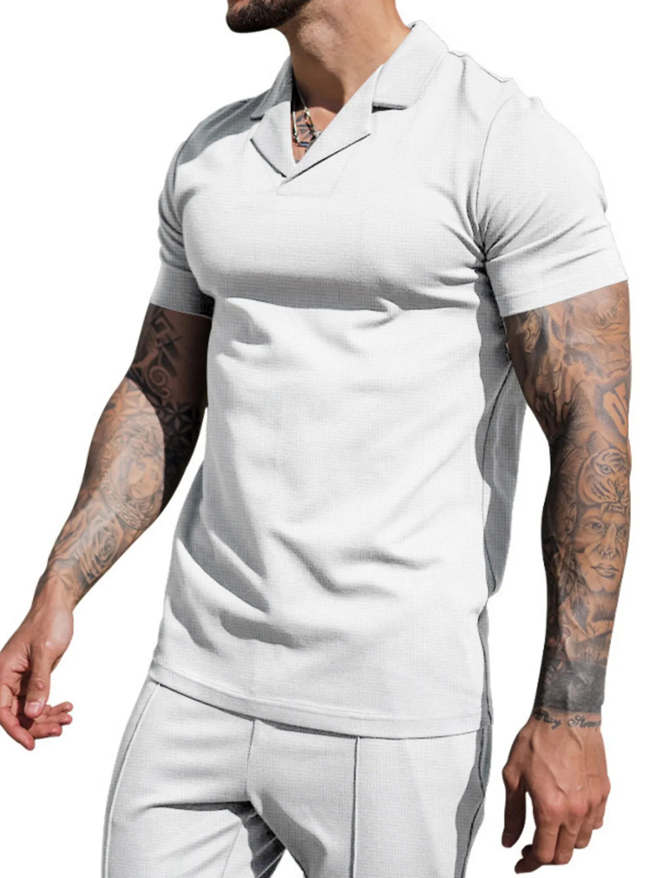 Men's plus size short-sleeve top and shorts set, light gray polo and matching shorts