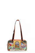 Shoulder bag with scenic print, brown handles, and top zipper closure.