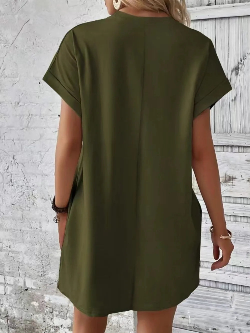 Dark olive round-neck short-sleeve dress, back view with straight relaxed cut