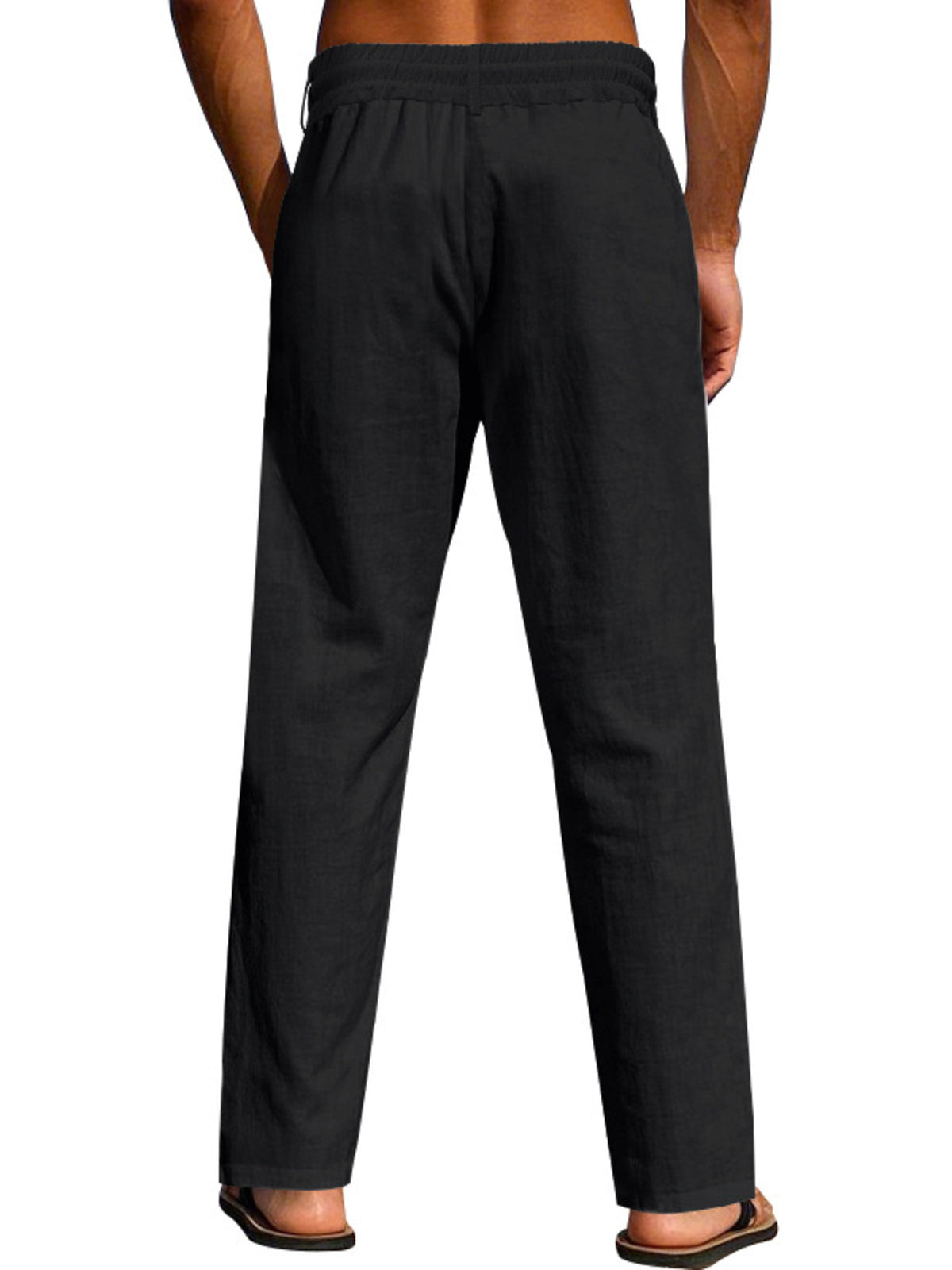 Men's lightweight drawstring pants, black relaxed legs, elastic waist with drawstring.