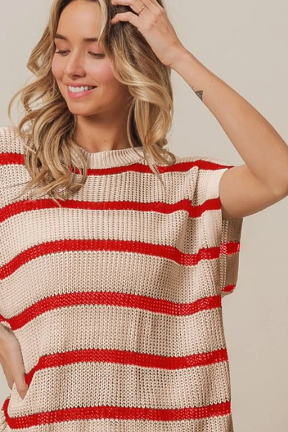 Oatmeal and red striped knit drop-shoulder sweater with ribbed crew neck