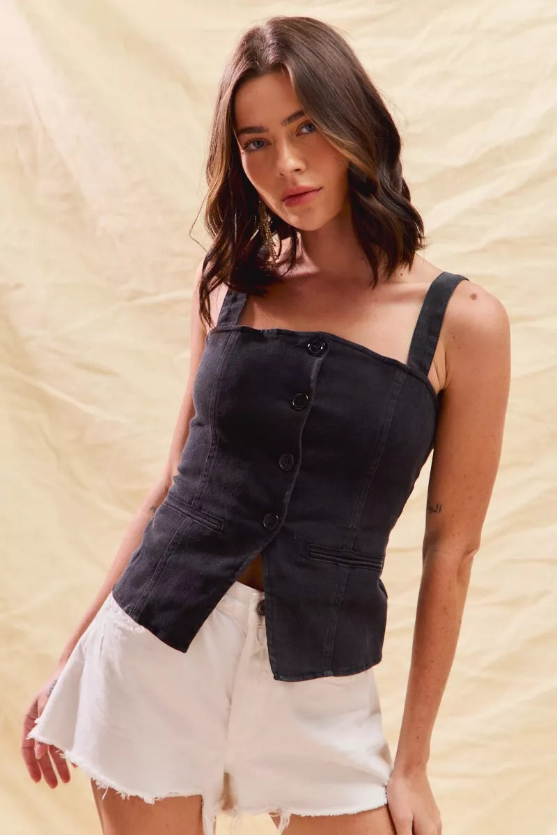 Black sleeveless denim button-front top with tailored fit and cropped bust panels