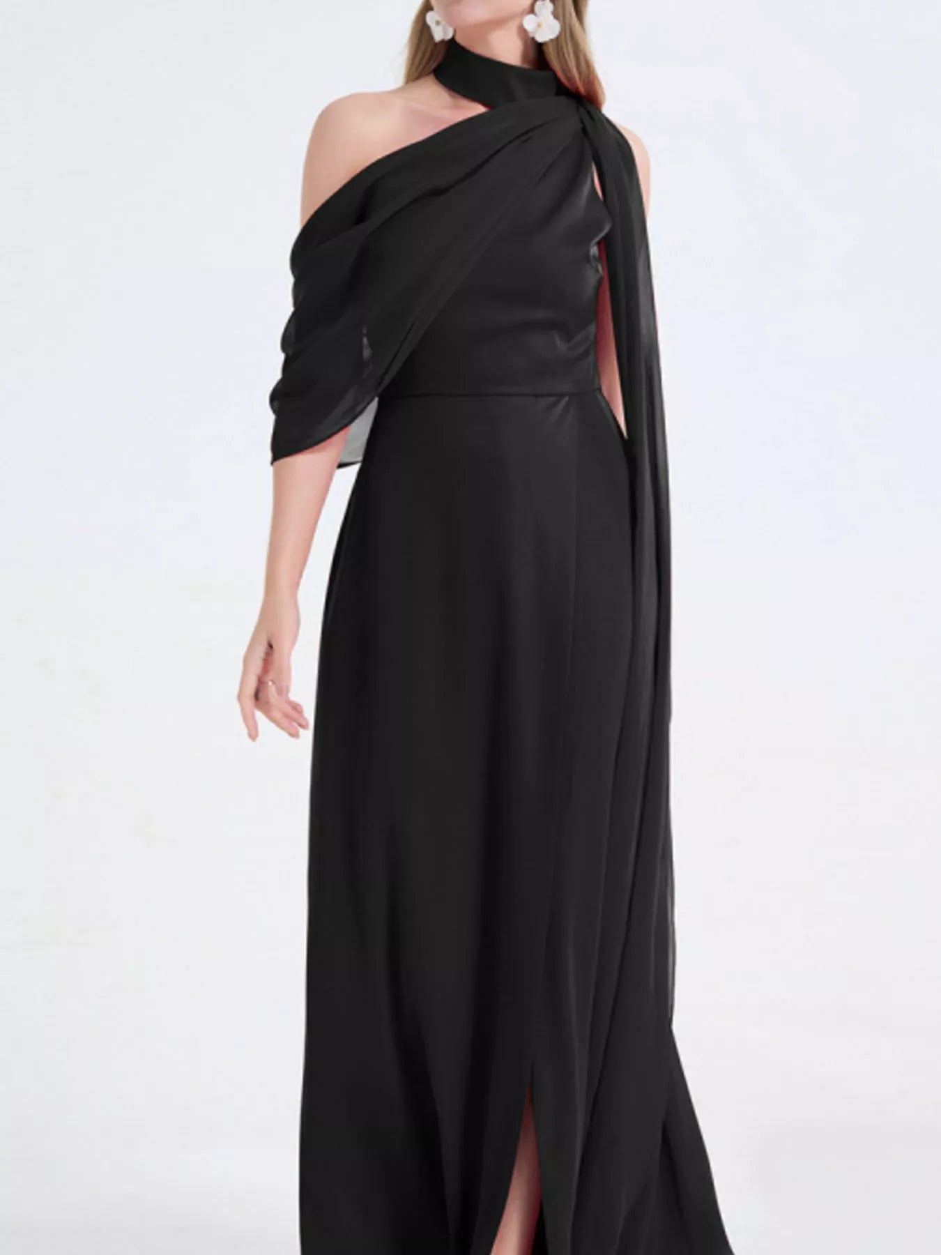 Black asymmetrical neck maxi dress with one-shoulder drape and high slit