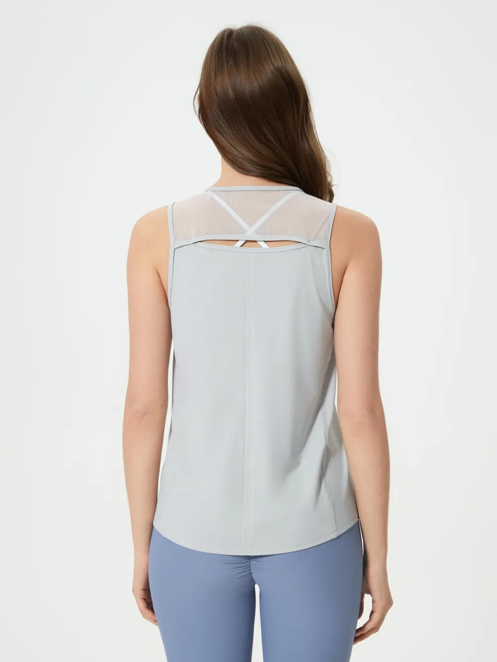 Light blue active tank top with round neck and cutout back straps