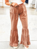 Caramel brown drawstring flare ruffle pants with tiered hem