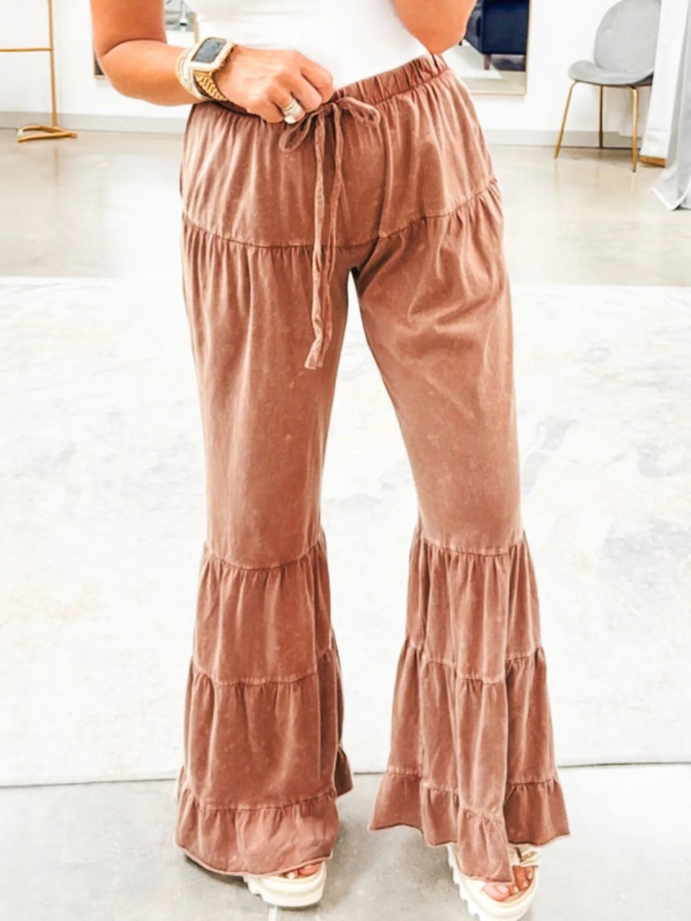 Caramel brown drawstring flare ruffle pants with tiered hem