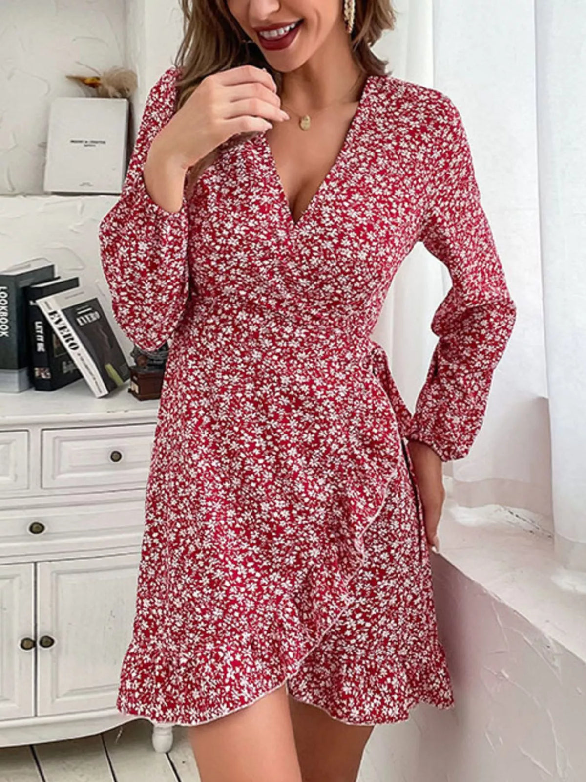 floral mini wrap dress Watercolor Blue Floral Wrap Mini Dress with Choker Blue M