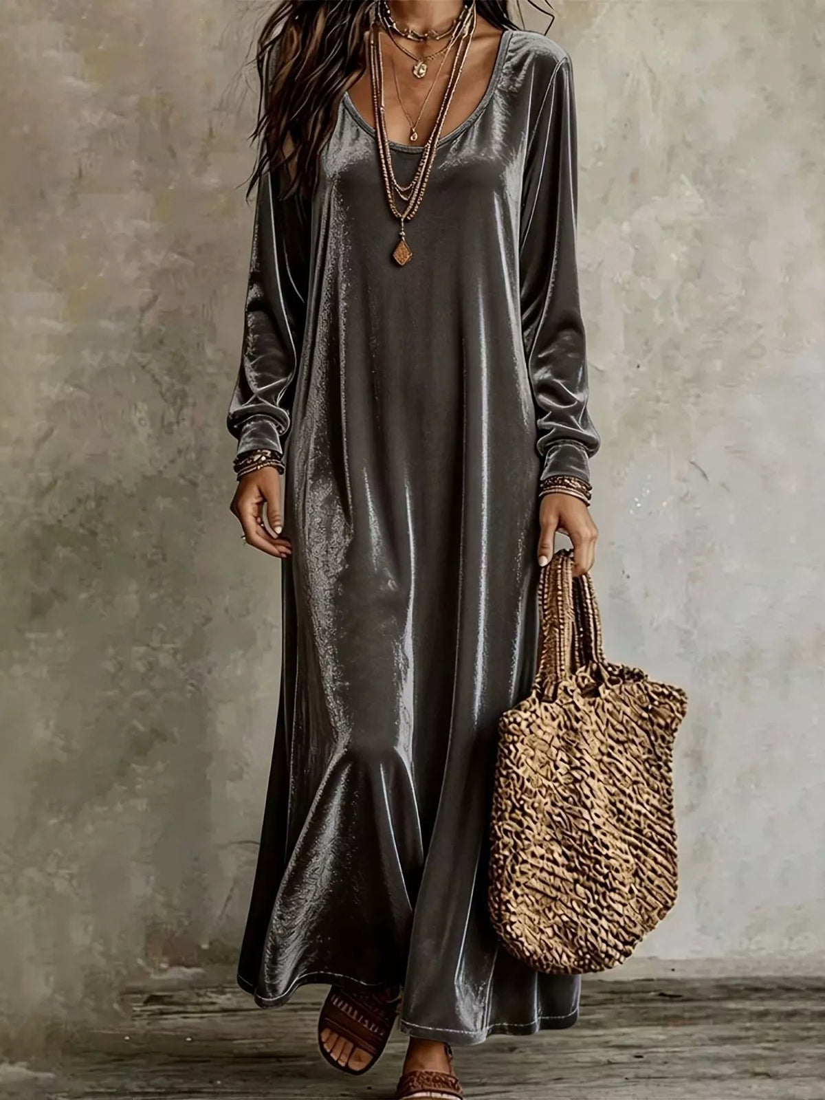 Soft stretch velvet long-sleeve maxi dress in dark gray, scoop neckline, side-sweeping hem