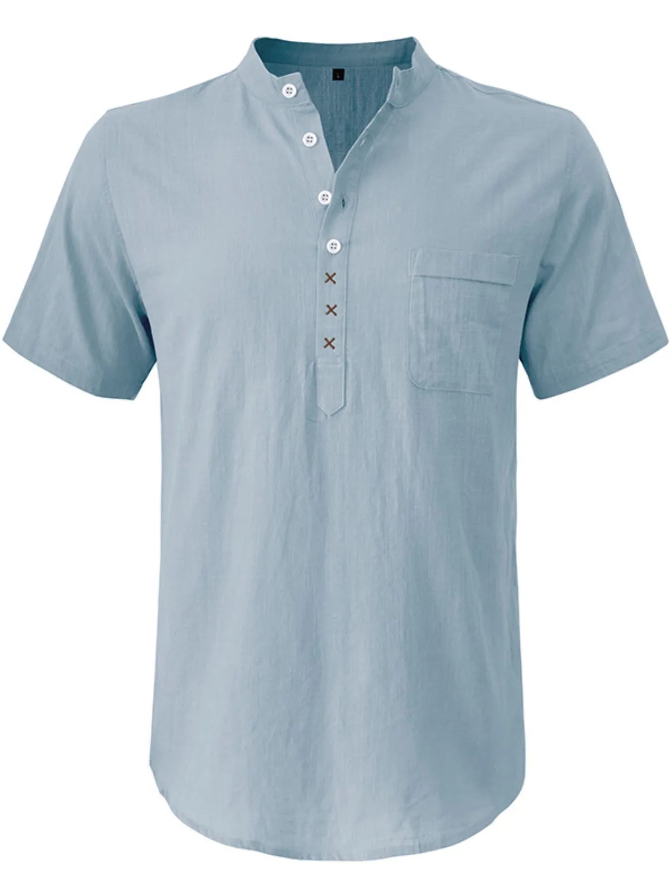 Men's linen polo shirt, light blue; short sleeves, button placket with chest pocket.