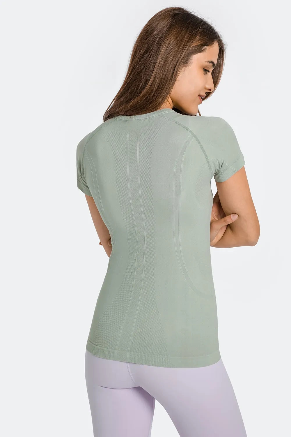 Round neck short-sleeve active t-shirt, sage green, side/back view