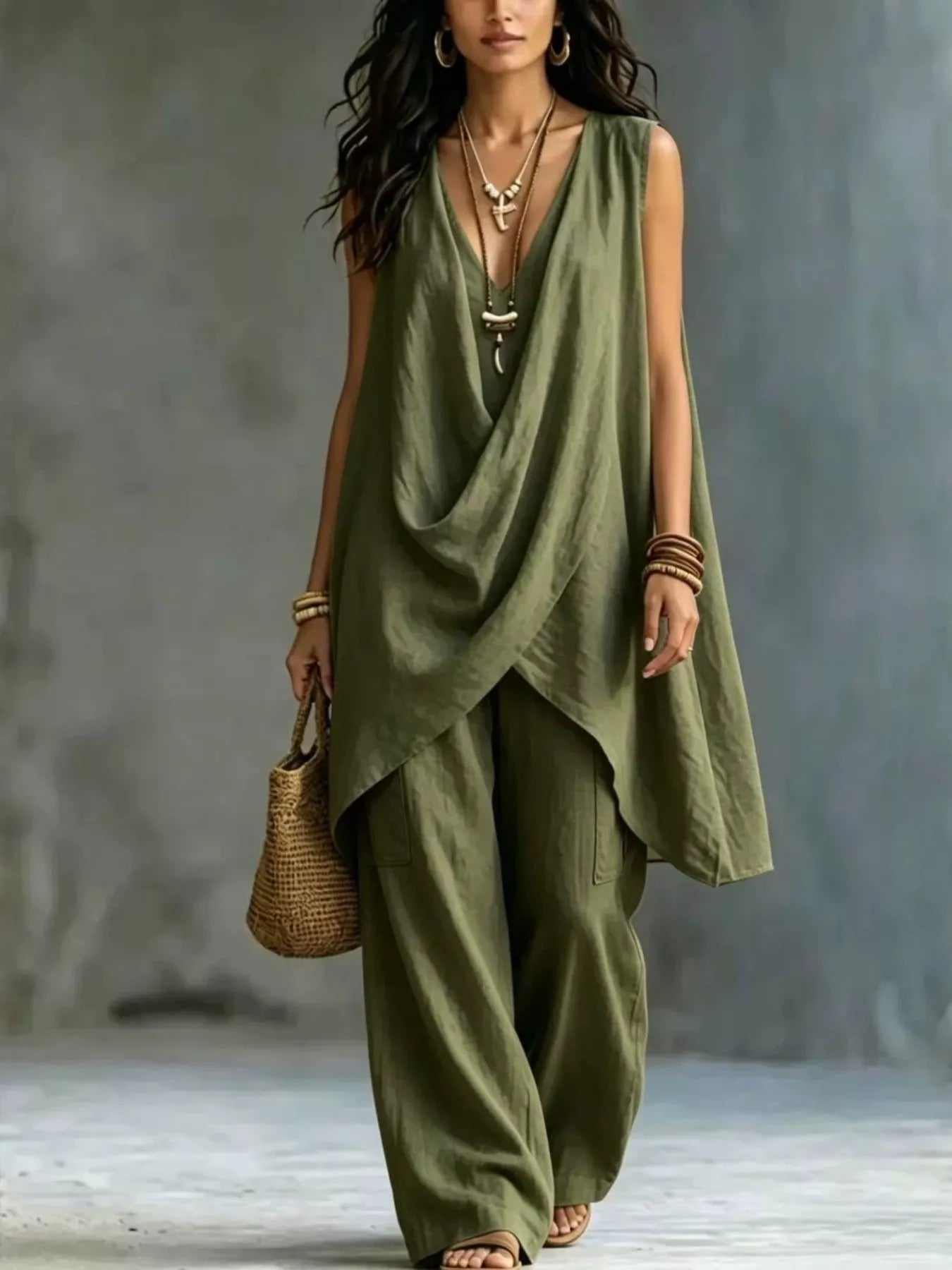 Sleeveless asymmetrical top & wide-leg pants set, army green draped crossover top