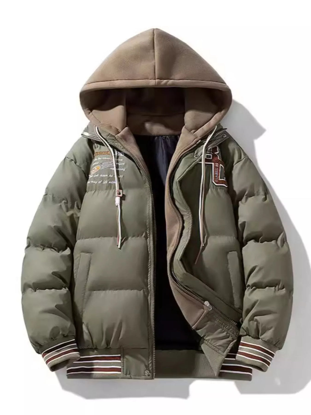 Men's padded hooded puffer jacket, taupe, full-zip with ribbed striped cuffs
