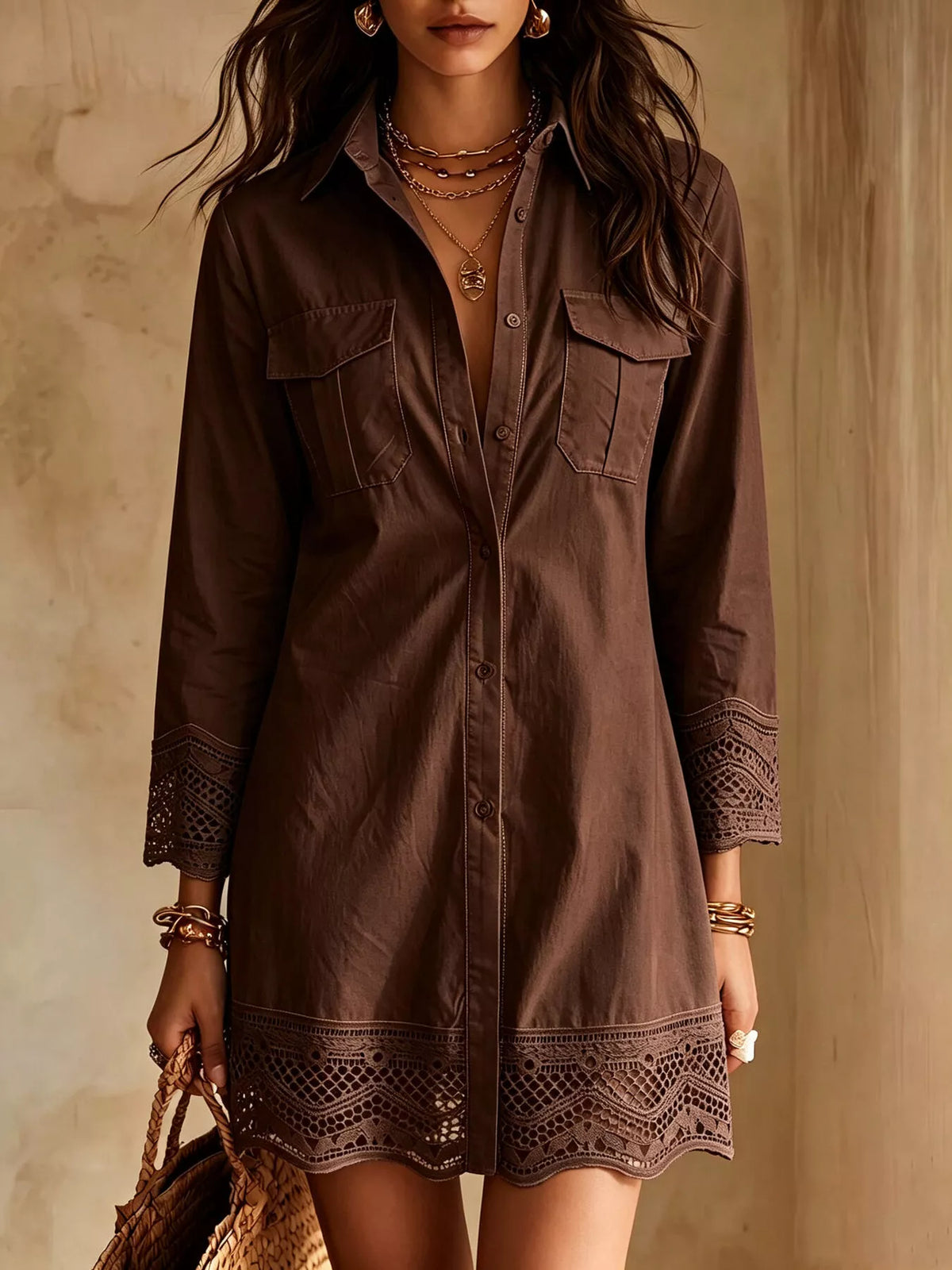 Women’s button-front shirt dress in dark brown cotton with lace-trim hem