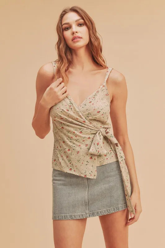 Ditsy floral surplice cami with V-neck and adjustable straps, tied waist detail
