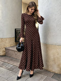 Coffee brown polka dot long-sleeve maxi dress with relaxed gathered skirt