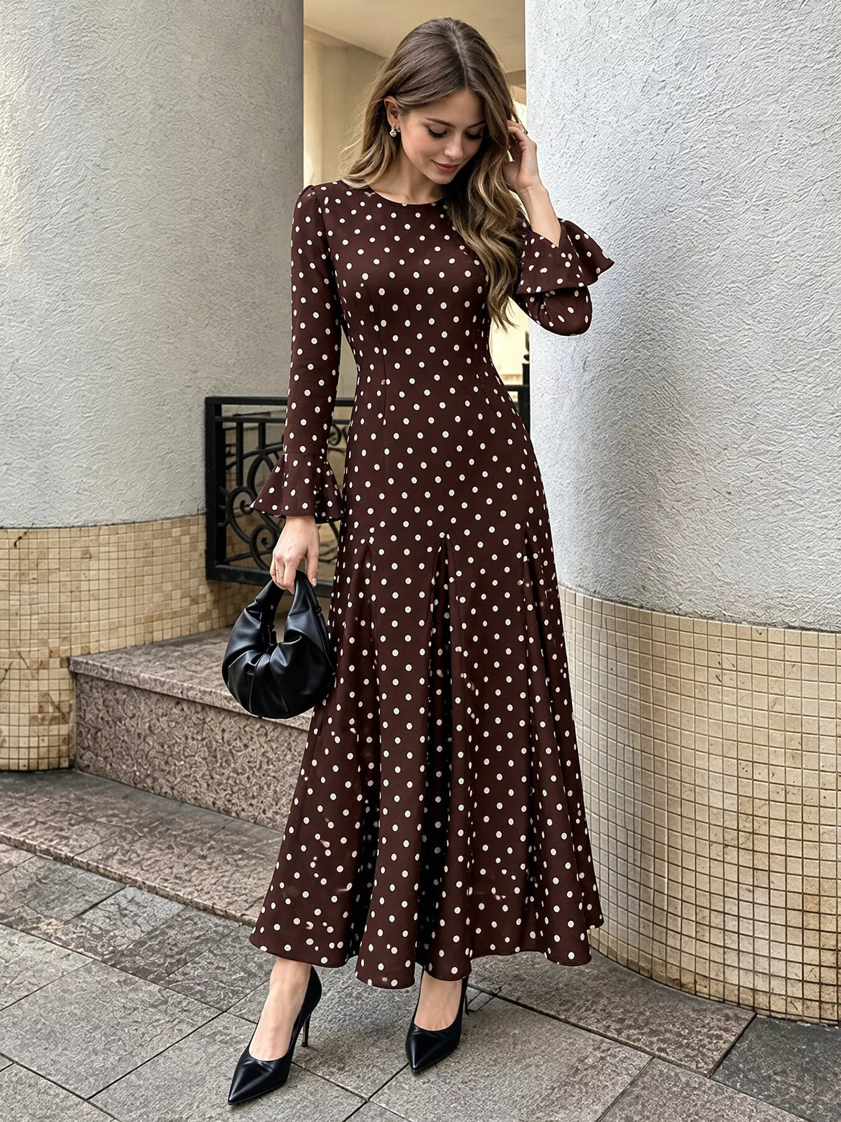 Coffee brown polka dot long-sleeve maxi dress with relaxed gathered skirt