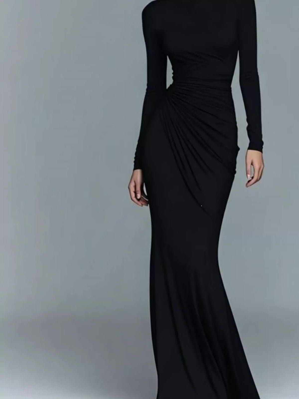 Black long-sleeve turtleneck maxi dress with ruched waist and draped skirt