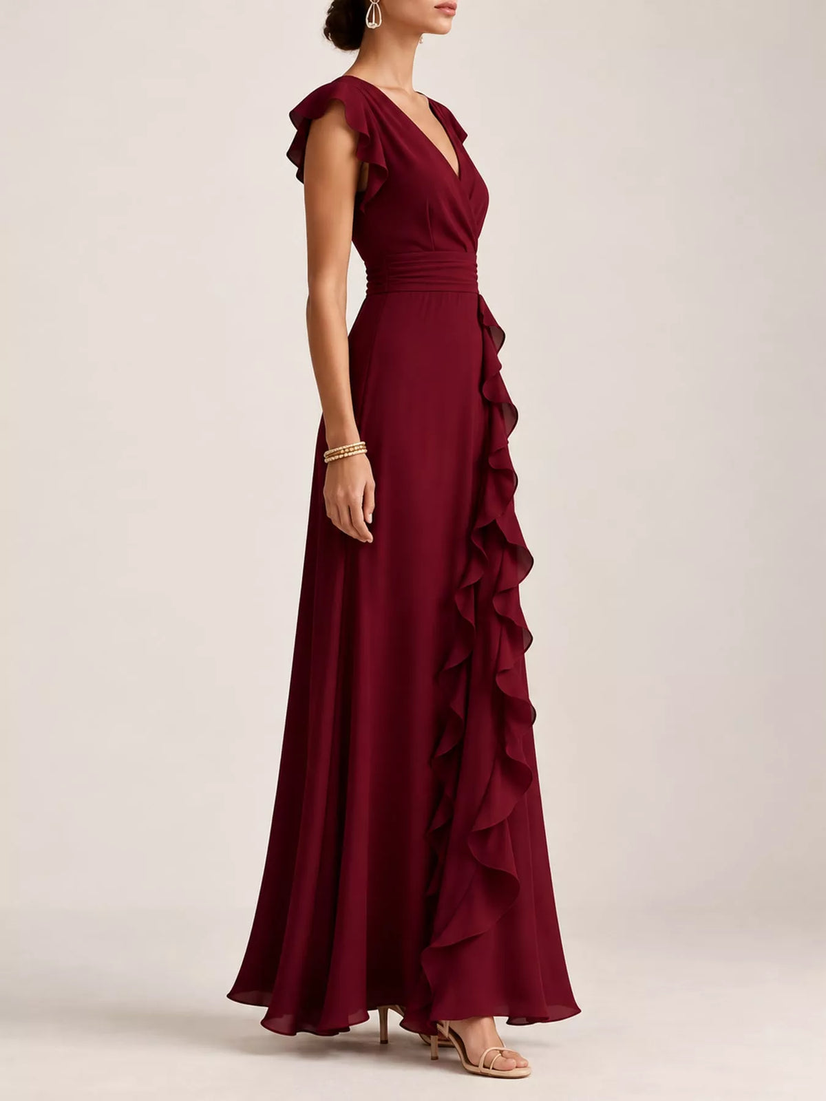 Burgundy ruffled high-waist sleeveless maxi dress with side tiered ruffles