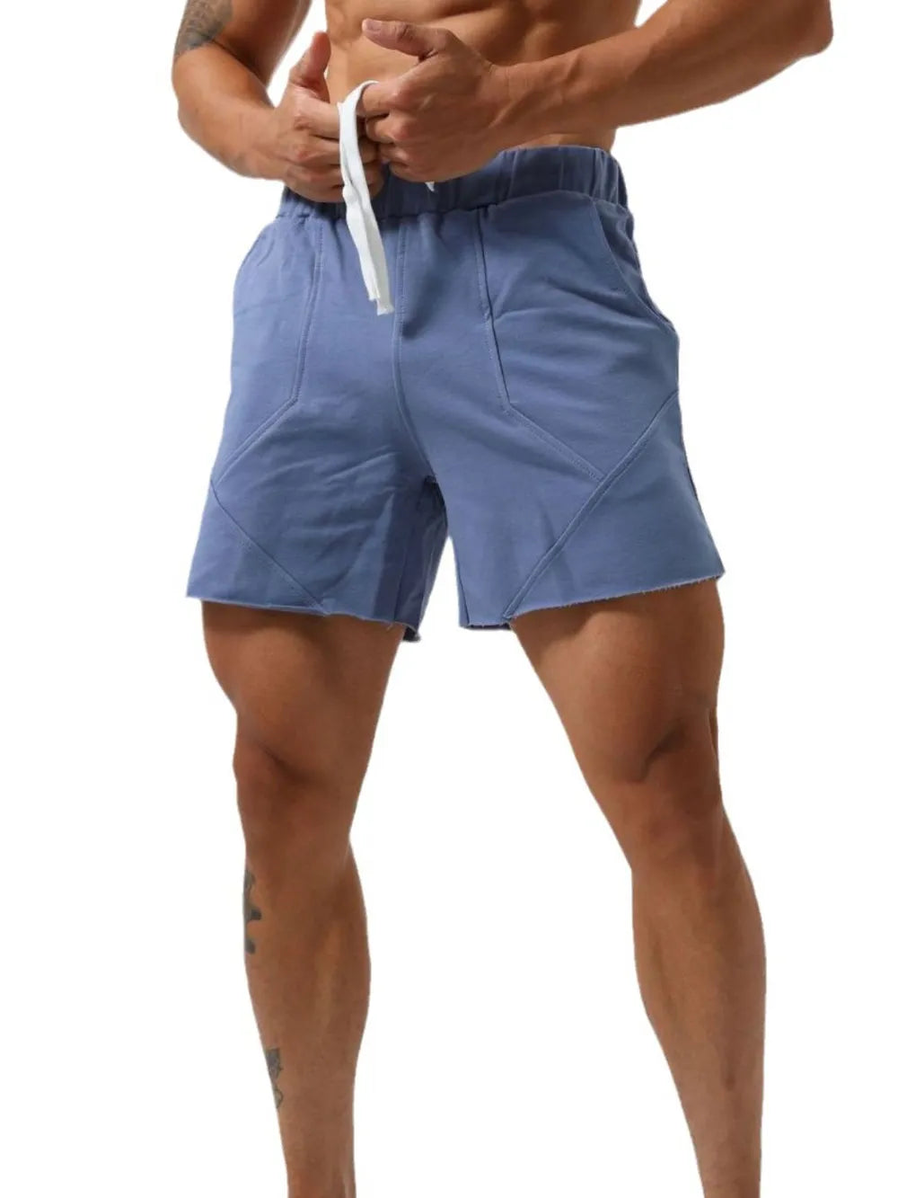 Men's plus-size drawstring elastic waist shorts, dusty blue, drawstring tie at waistband
