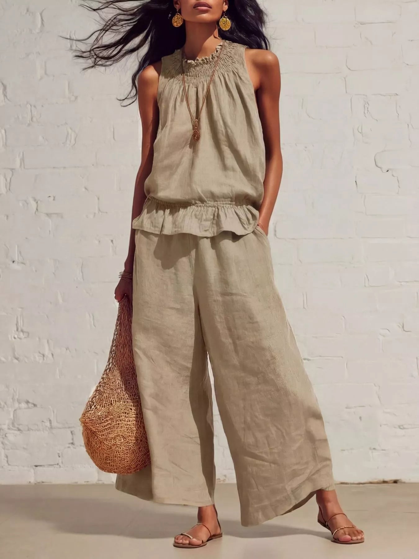 Smocked ruffled top and wide-leg pants set, light khaki sleeveless with ruffled hem