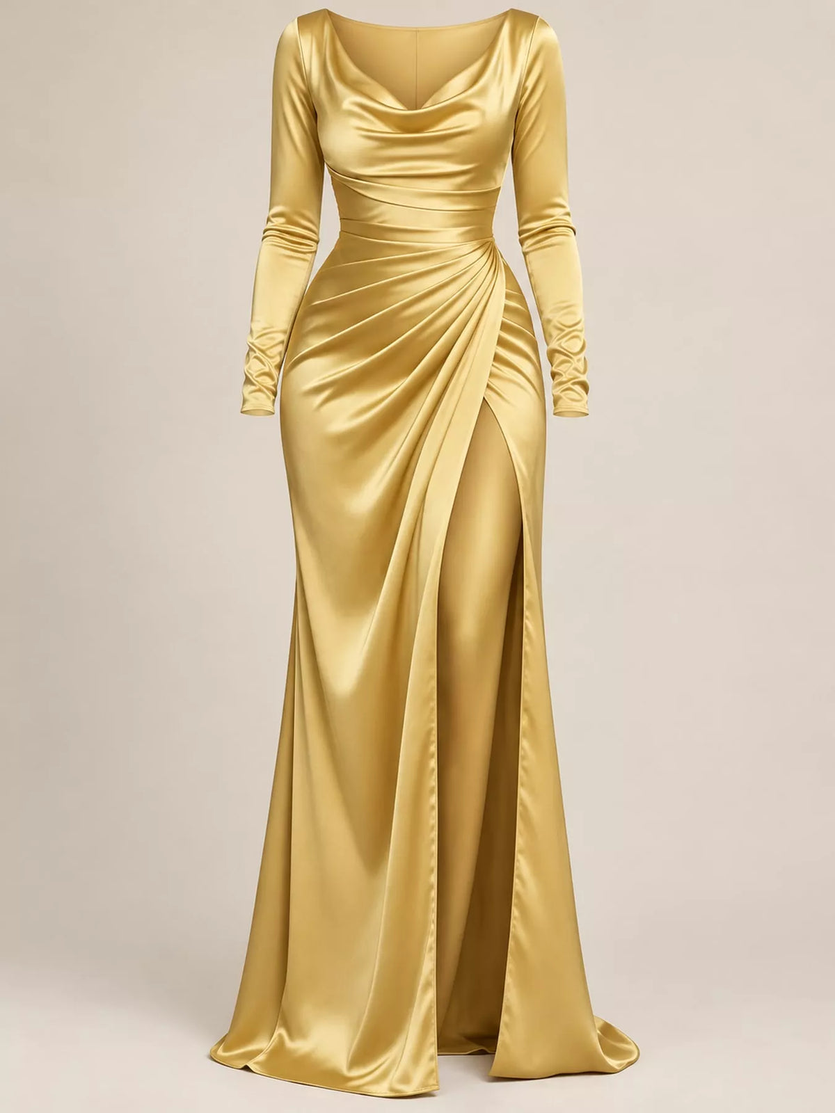 Gold satin cowl-neck maxi dress with long sleeves and high side slit, draped bodice