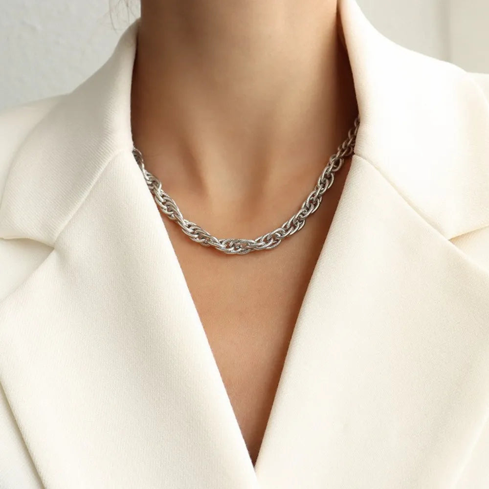 Titanium steel chain necklace, silver tone curb links