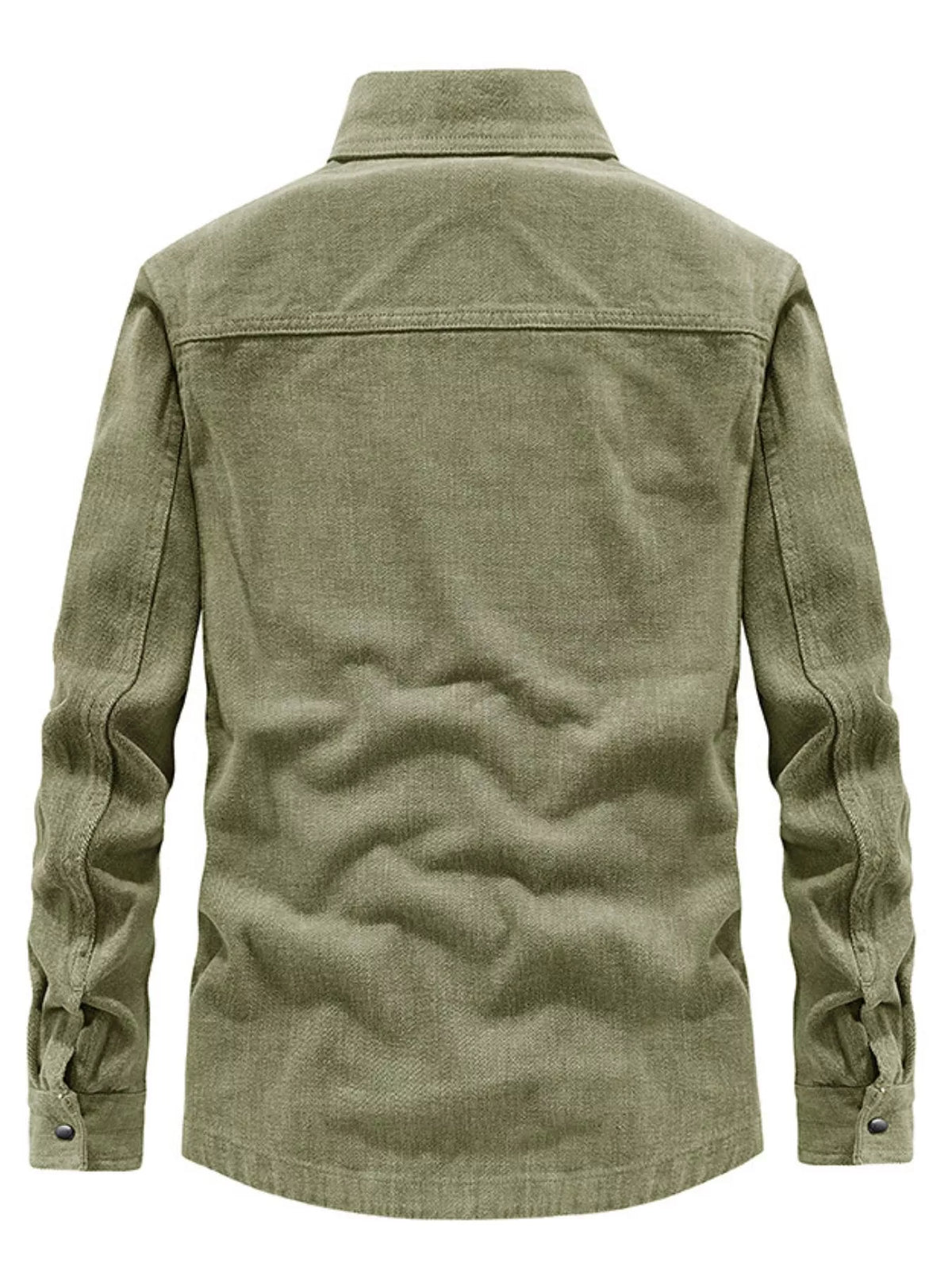 Men's army green cotton shirt jacket, back view with button-down collar and yoke