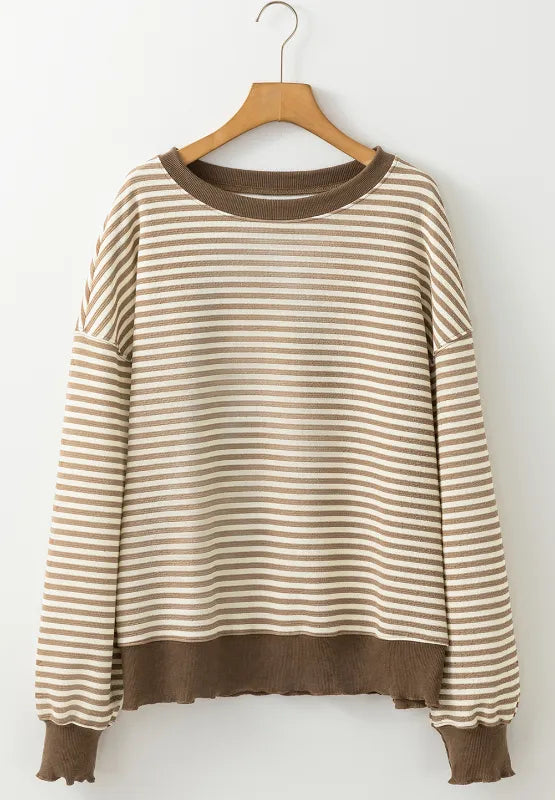 Taupe-and-cream striped long-sleeve sweatshirt on wooden hanger